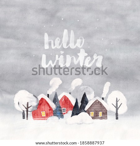 Hello winter. Winter landscape with village houses and snowy trees. Watercolor illustration.