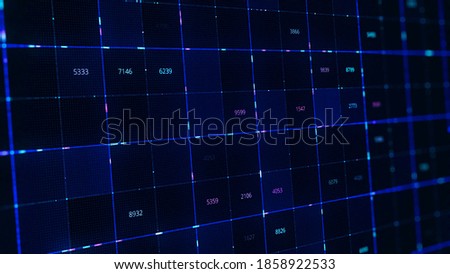 Changing data in numeric table. Animation. Neon digital is table with changing numbers in cells. Digital table with numbers and moving neon strokes