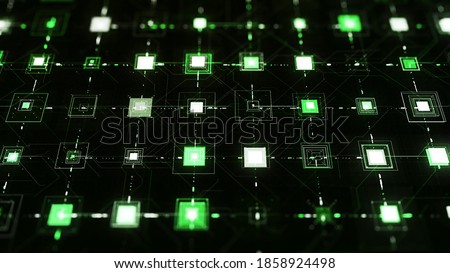 Pulsating squares on black background. Animation. Electronic squares pulsate with connected lines on black background. Cyber field with networks and pulsing neon cells