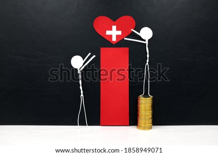 Stick man figure reaching for a red heart shape with cross cutout while stepping on stack of coins. Health, healthcare, medical care and hospital access inequity and disparity concept
