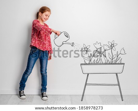 Little girl watering flowers in colored sketch