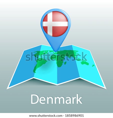 Denmark flag world map in pin with name of country