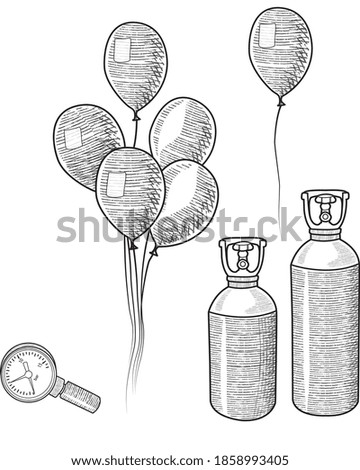 gas bottles and balloons. vector illustration. black-white. hand-drawn. 