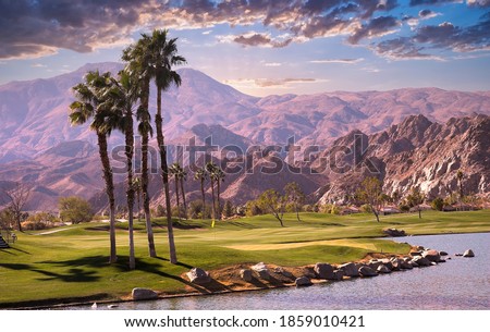 golf course at sunset  in palm springs, california, usa Royalty-Free Stock Photo #1859010421