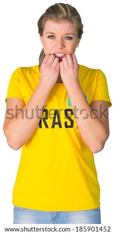 Nervous football fan in brasil tshirt on white background