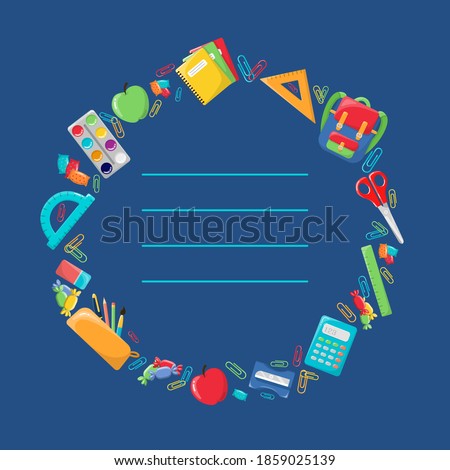 Postcard on the theme of school. Greeting card. School supplies, colorful set on a blue background.