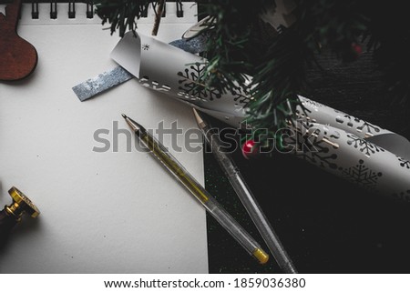 white Notepad space for text Christmas background top view