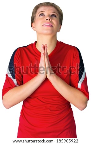 Nervous football fan in red on white background