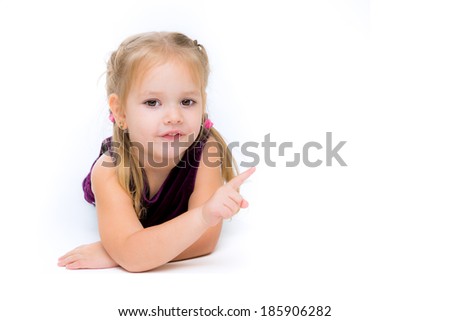 Stock image of happy girl shows right corner, isolated on white background