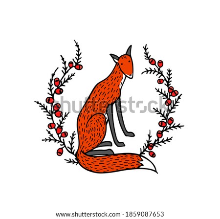 Vector card with hand drawn sweet red fox in yew wreath. Beautiful wild nature design elements, ink drawing. Wonderful illustration of a wild animal made in sweet cartoonish style.