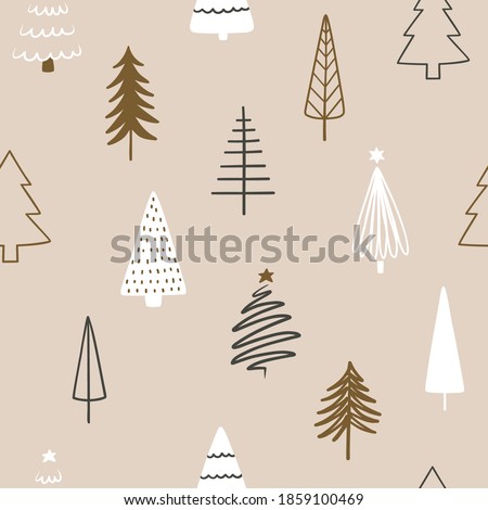 Seamless pattern with abstract hand drawn Christmas trees in scandinavian style. Creative hand drawn textures for wallpaper, pattern fills, web page background, wrapping paper.