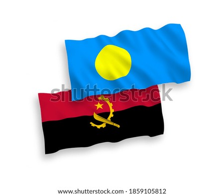 National vector fabric wave flags of Palau and Angola isolated on white background. 1 to 2 proportion.