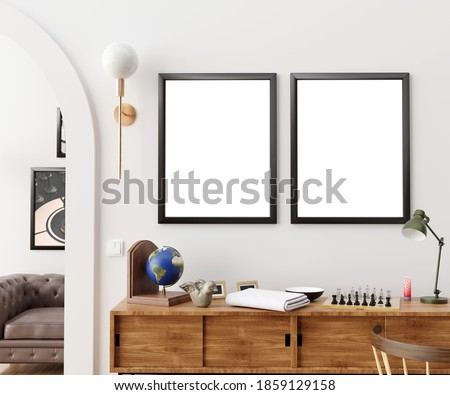 living room interior with mock up photo frame. 3d render Royalty-Free Stock Photo #1859129158