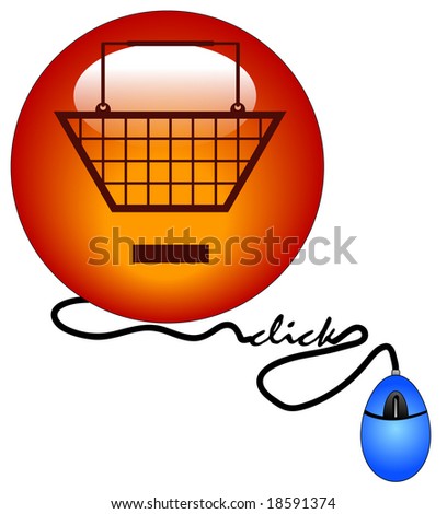shopping basket with minus sign connected to computer mouse - remove from cart
