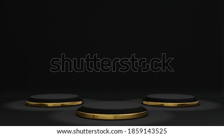 3d rendering of black background and product podium stand with gold ring at bottom