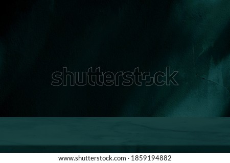 Marble Table with Tree Shadow on Concrete Wall Texture Background in Tidewater Green Tone, Suitable for Product Presentation Backdrop, Display, and Mock up. Royalty-Free Stock Photo #1859194882