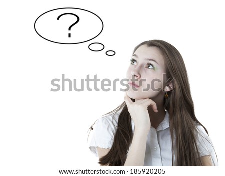 portrait of a girl thinking over the question on a white background