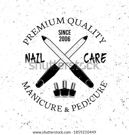 Manicure salon vector monochrome emblem, label, badge or logo with two crossed nail files isolated on white background