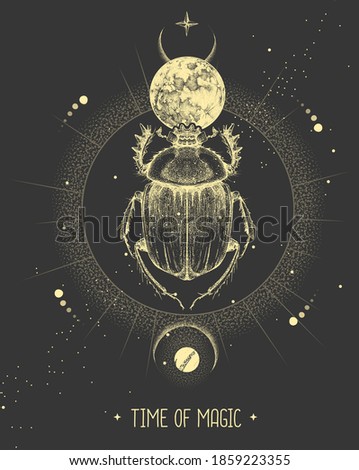 Modern magic witchcraft card with moon and scarab beetle. Hand drawing occult vector illustration