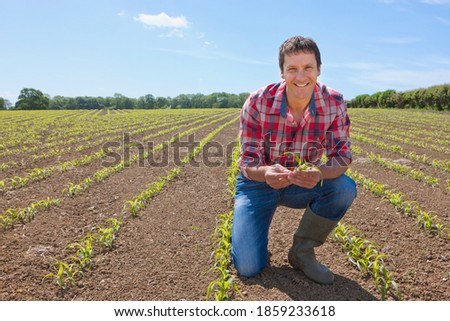 A horizontal portrait of a smiling farmer kneeling down in the field while holding a corn seedling