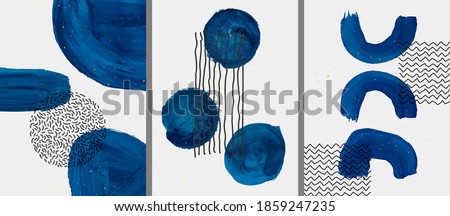 Vector illustration. Abstract contemporary aesthetic backgrounds. Design for poster, postcard, invitation card, flyer, brochure cover. Room wall decor. Blue watercolor paints with golden splash dots