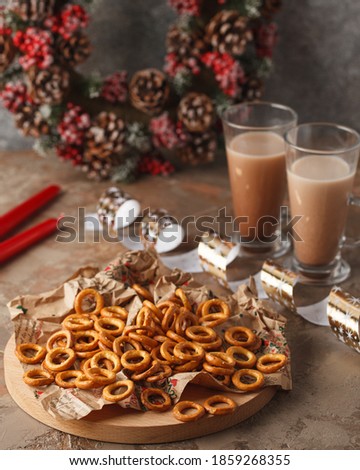 Sweets for tea and coffee. Bagels, crackers, crackers, cookies, and pretzels.
