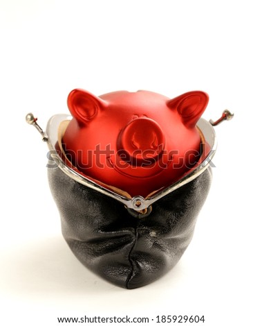 funny red Pig Piggy with old fashioned purse on white background