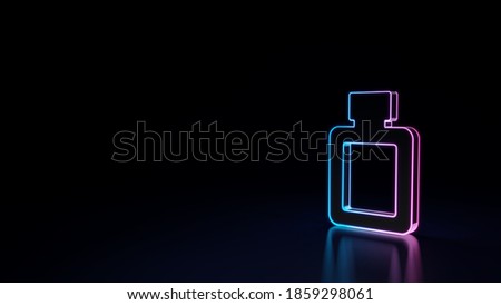 3d render techno neon purple blue glowing outline wireframe symbol of perfume bottle glass isolated on black background with glossy reflection on floor