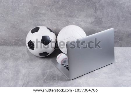 Soccer, volleyball and baseball ball and grey laptop on grey background. Online workout concept