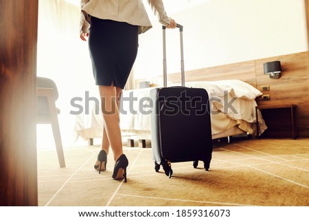 Cutout picture of sharp-dressed woman pulling a suitcase and entering hotel room.
