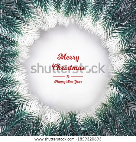 Christmas composition. Christmas wreath made of fir branches new yea on white background Flat lay, top view, copy space, square. Negative space