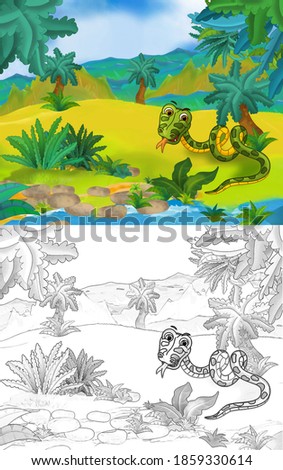cartoon scene with wild animal snake in nature - illustration for children