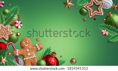 3d render, Christmas green background. Festive seasonal ornaments, fir tree twigs, glass balls, candy cane, gingerbread man, cookies