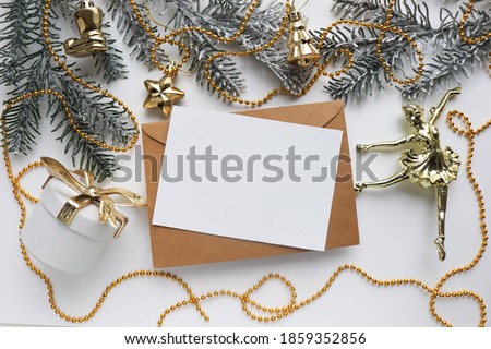 christmas card for ballerina. ballerina figurine on christmas tree