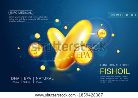 Fish oil ads template, omega-3 softgel with its package. Deep sea background. 3D illustration. Royalty-Free Stock Photo #1859428087