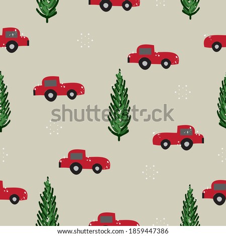 Seamless simple and elegant Christmas pattern background with tree,snow,car and star.Template for greeting ,congratulations,invitation card and wrapping.