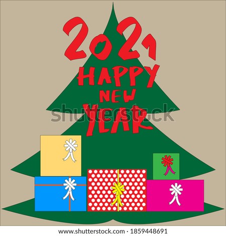 Happy New Year card design. 2021 hand written lettering with gift box.  Vector illustration