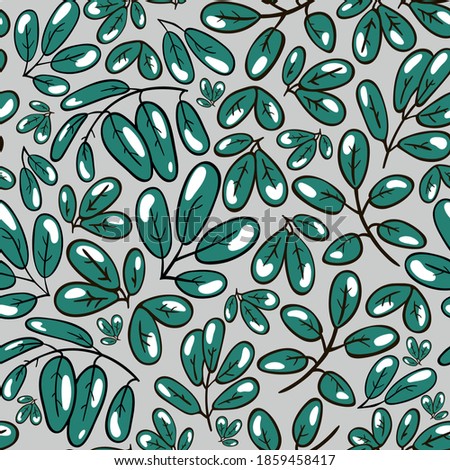 Seamless background. Pattern from leaves on a light background. Winter pattern, leaves in the snow. Patterns for fabric, gift wrapping, decoration. Vector image. Freehand drawing.
