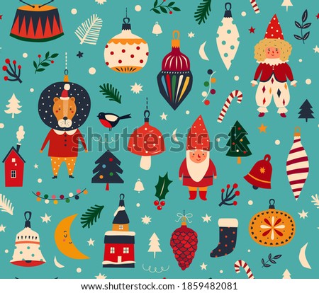 Christmas decorative seamless pattern with funny Santa Claus, vintage Christmas toys
