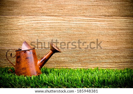 old and rusty watering can on green grass with wood background