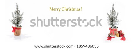 Christmas tree decoration. Merry Christmas horizontal banner. Small tree isolated on white background.
