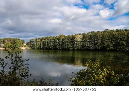 Beautiful landscape view of small pond near trees. Photo taken on a cloudy day.