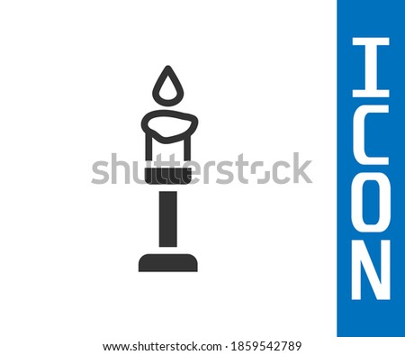 Grey Burning candle icon isolated on white background. Cylindrical aromatic candle stick with burning flame. Happy Halloween party.  Vector