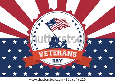happy veterans day celebration card with soldiers lifting usa flag in seal vector illustration design