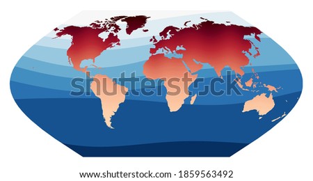 World Map Vector. Eckert V projection. World in red orange gradient on deep blue ocean waves. Attractive vector illustration.