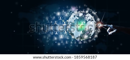 Global network connection concept. Businessman leading the global network connection with connecting people orbit around the world. World map and connecting people background. World map illustration.