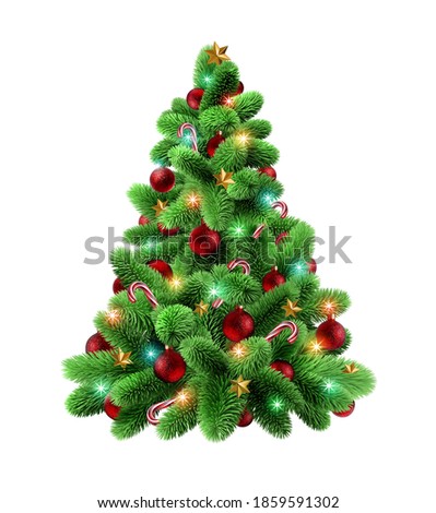 3d rendering, Christmas tree decorated with festive ornaments. Evergreen spruce twigs, seasonal natural clip art isolated on white background. Digital illustration