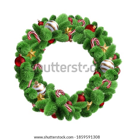 3d rendering, Christmas spruce wreath decorated with ornaments: red glass balls, golden stars and candy canes. Holiday clip art isolated on white background. Round frame with copy space