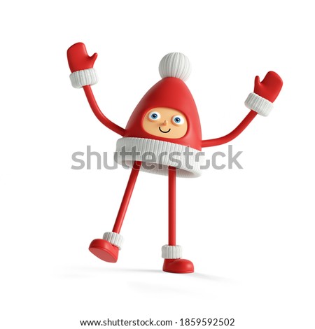 3d render. Cute joyful Christmas toy clip art isolated on white background. Red cap with white pom-pom mascot. Cute little santa helper.