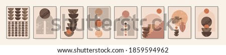 Minimalist wall art. Abstract geometric prints for boho aesthetic interior. Home decor wall prints. Burnt orange, terracotta colors. Sun, rainbow and clay pots. Contemporary artistic printable vector Royalty-Free Stock Photo #1859594962